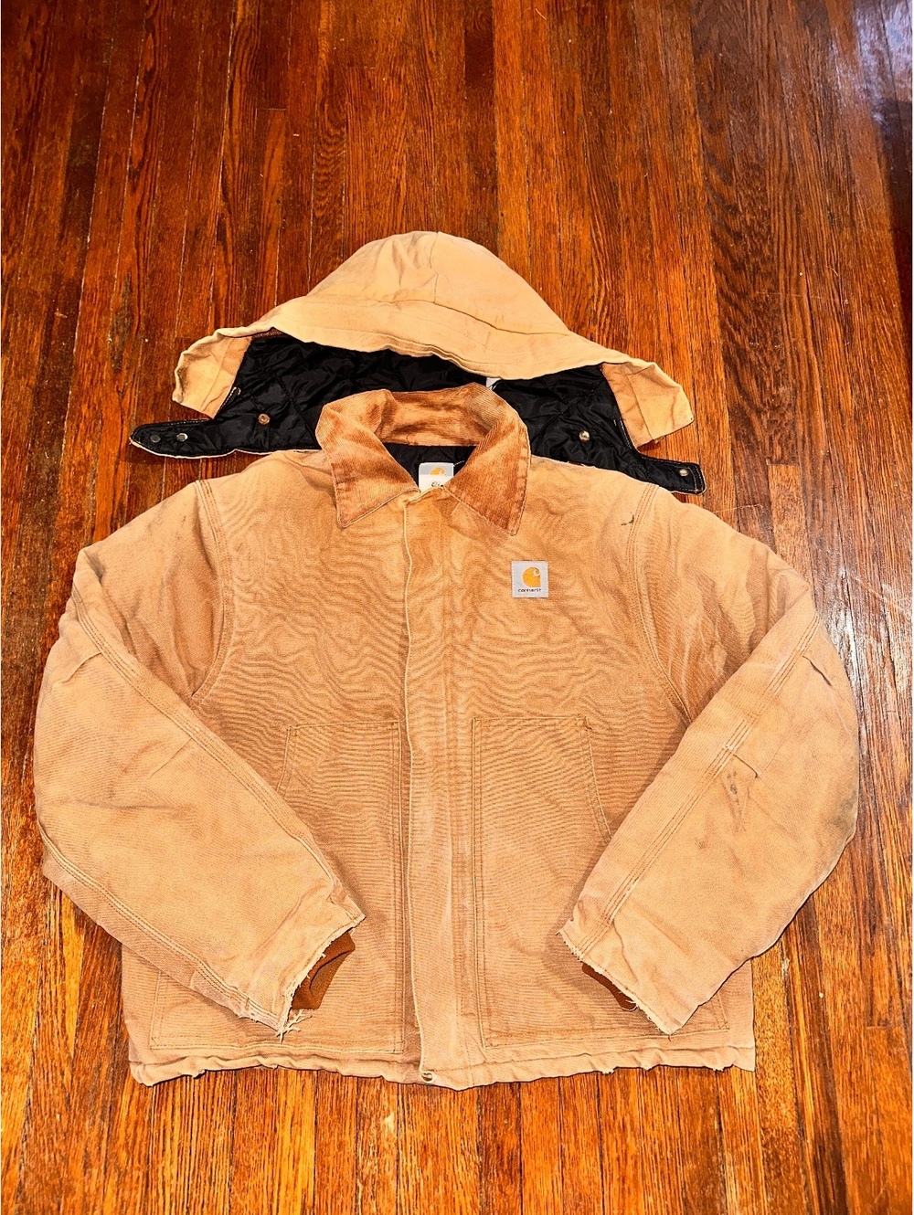 Thrashed Vintage 90s Hooded Brown Carhartt 46 Regular Zip Up Work Jacket